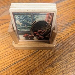 Rustic Apple Coaster Set with Holder